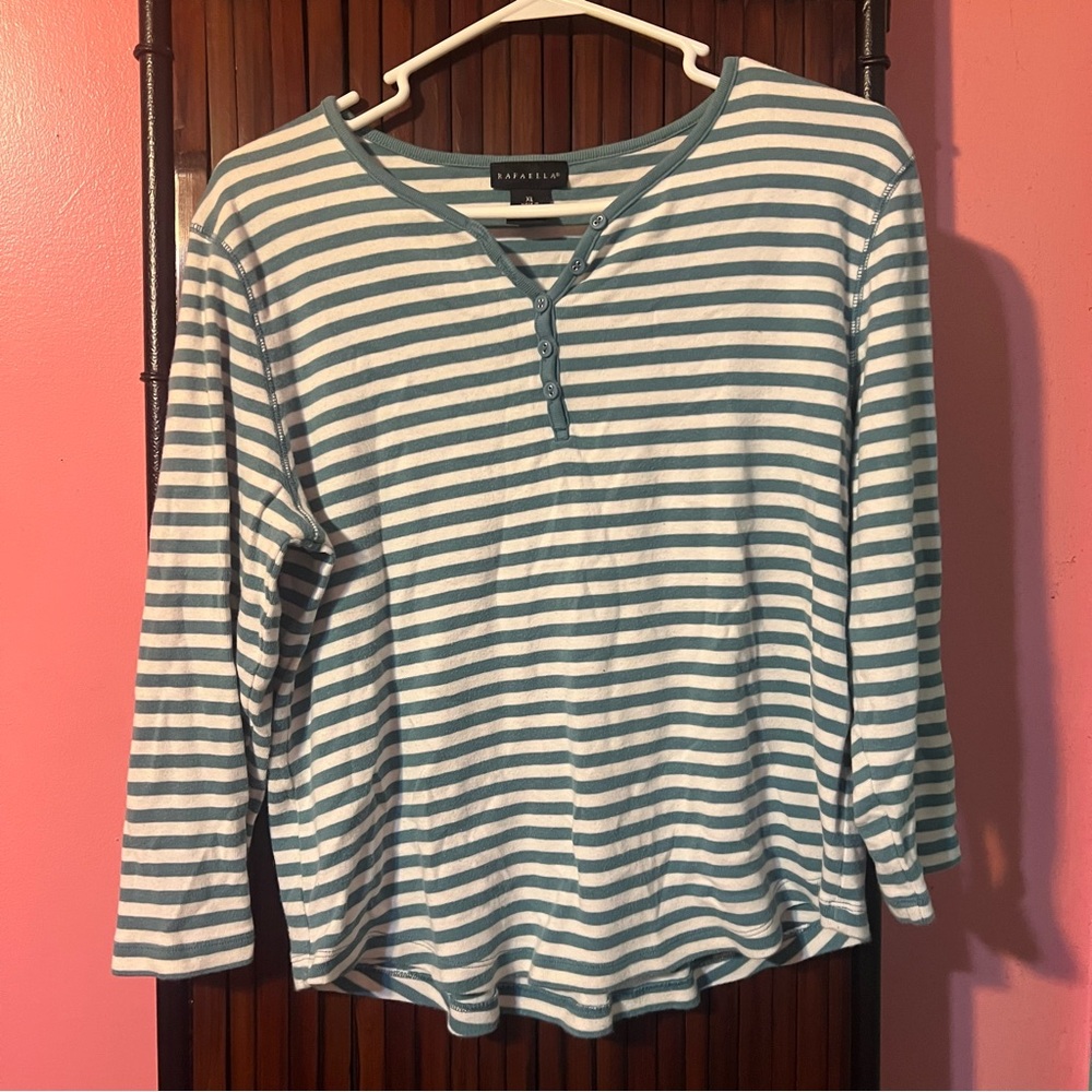 Rafaella Teal and White Striped Cotton Henley